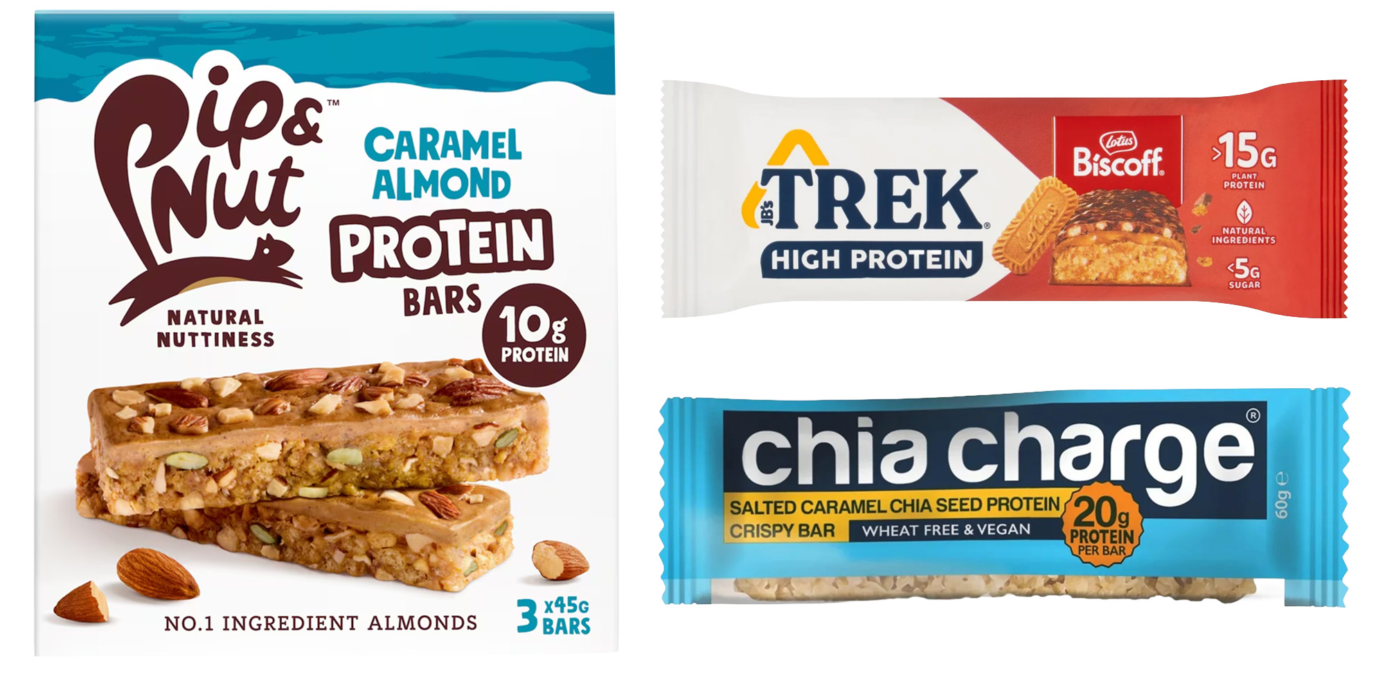 Pack shots of three protein bars.