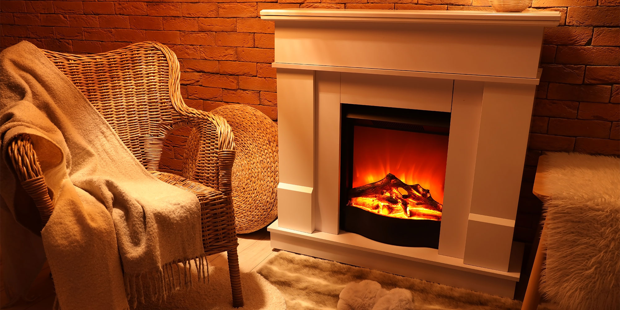 Cozy room with lit electric fireplace, wicker chair draped with blanket, and plush rug.