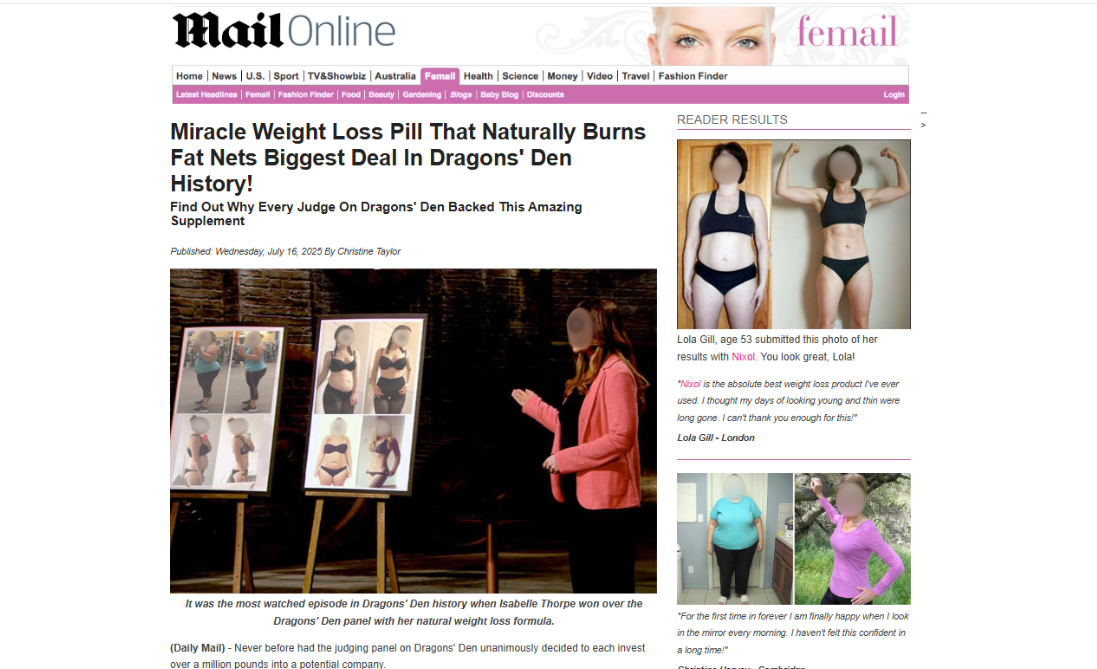 A website impersonated the Daily Mail promoting Nixol
