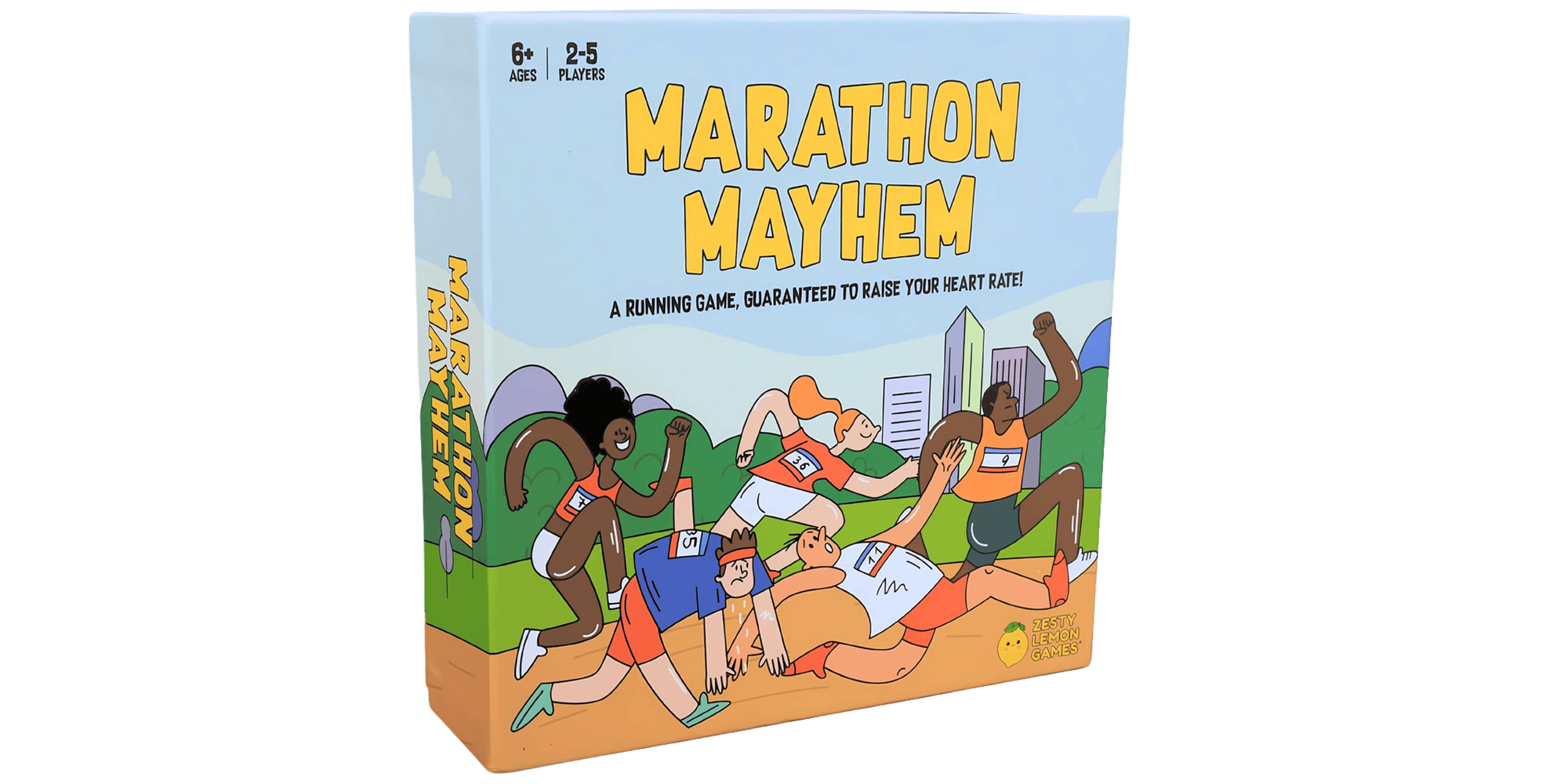 Box cover of Marathon Mayhem game shows runners in a race.