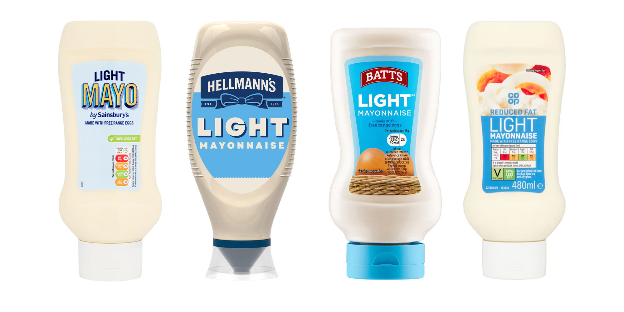 Four bottles of light mayonnaise: Sainsbury's, Hellmann's, Lidl (Batts), Co-op