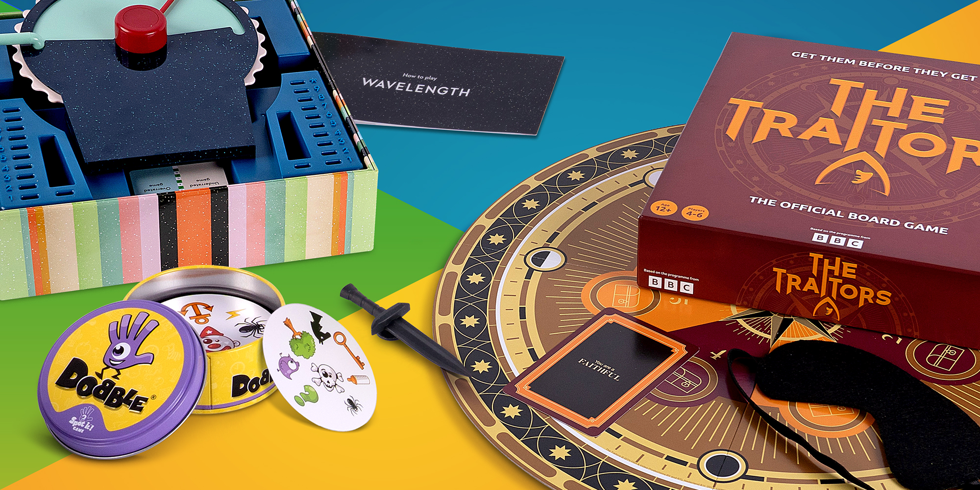 A selection of board games displayed on a table, including The Traitors, Wavelength and Dobble card game