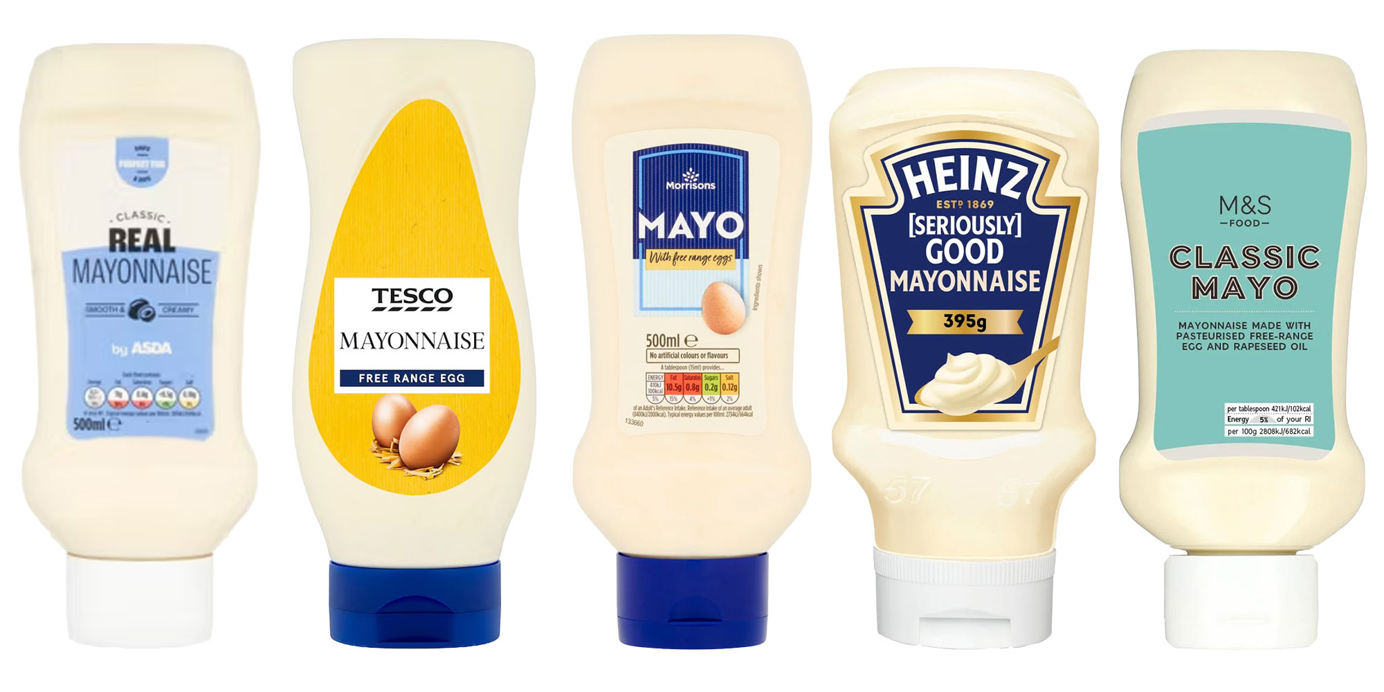 Five bottles of mayonnaise: Asda, Tesco, Morrisons, Heinz, M&S