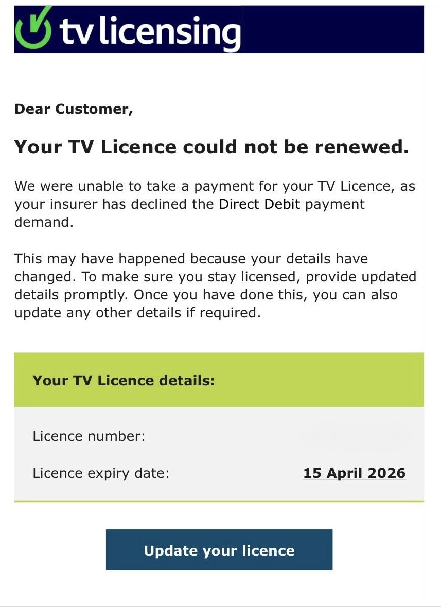 A scam email impersonating TV Licensing
