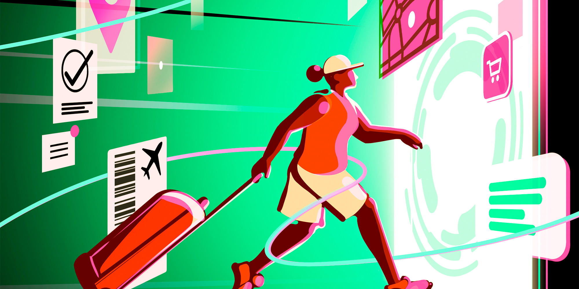 An abstract illustration of a traveller wearing a cap and summer clothes pulling a suitcase