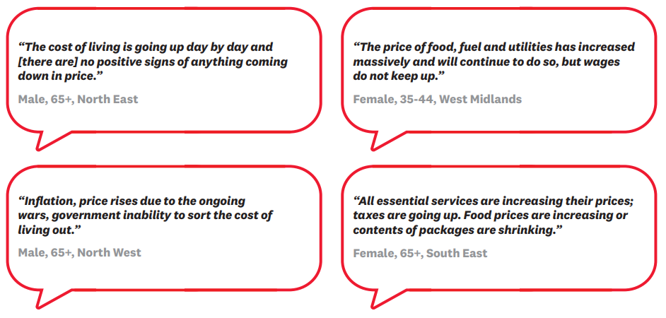 “The cost of living is going up day by day and [there are] no positive signs of anything coming down in price.” Male, 65+, North East

“The price of food, fuel and utilities has increased massively and will continue to do so, but wages do not keep up.” Female, 35-44, West Midlands

“Inflation, price rises due to the ongoing wars, government inability to sort the cost of living out.”
Male, 65+, North West

“All essential services are increasing their prices; taxes are going up. Food prices are increasing or contents of packages are shrinking.”
Female, 65+, South East