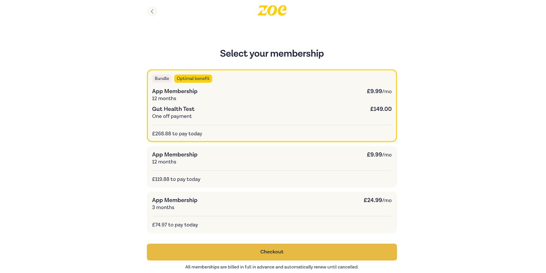 The payment page for Zoe