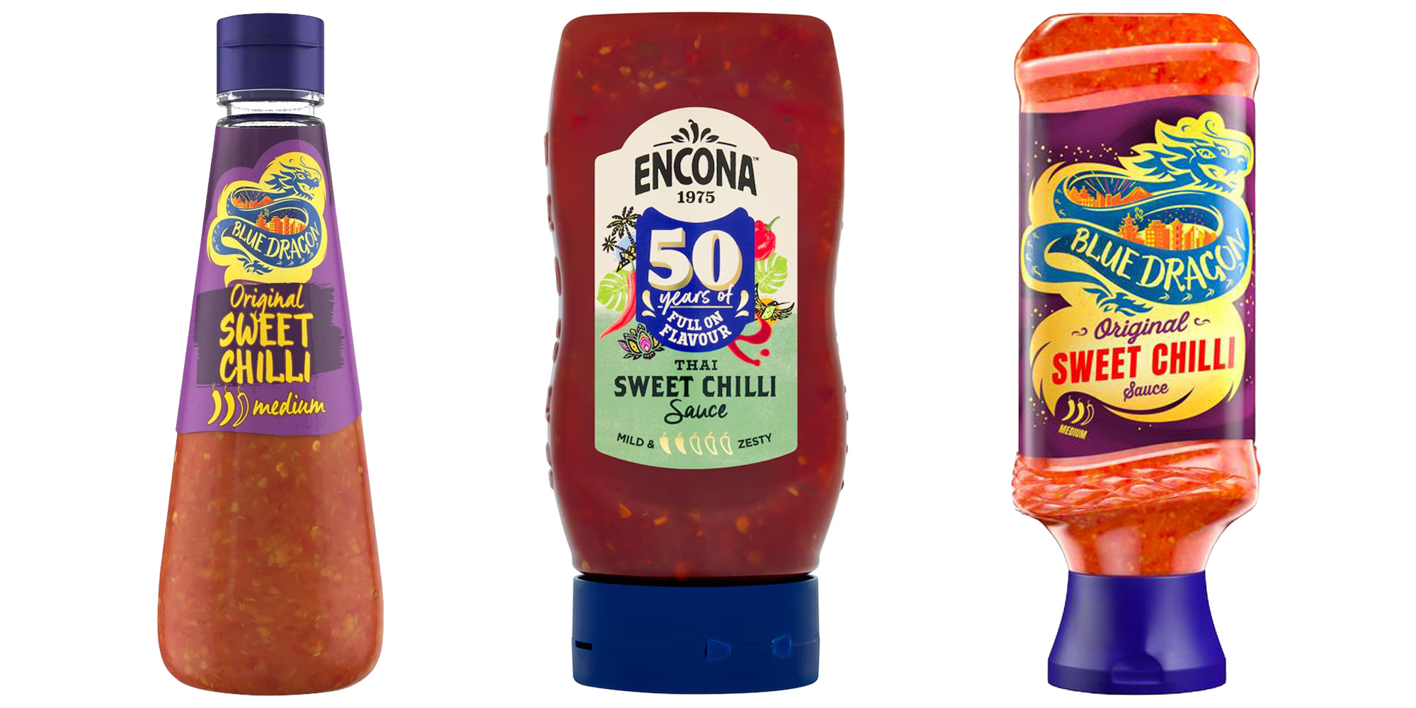 Product shot of three sweet chilli sauce bottles.