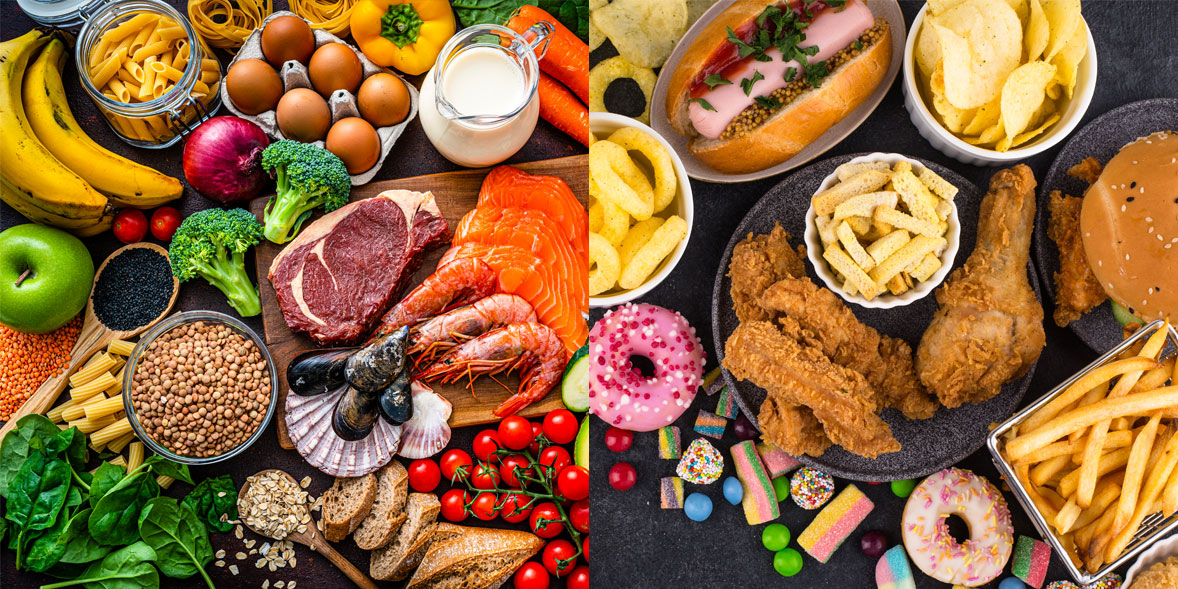 An image of foods from a healthy diet next to an image of ultra-processed foods.