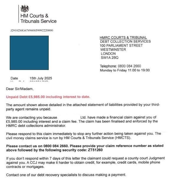 A scam debt collection letter claiming to be from HM Courts & Tribunals Service (HMCTS)