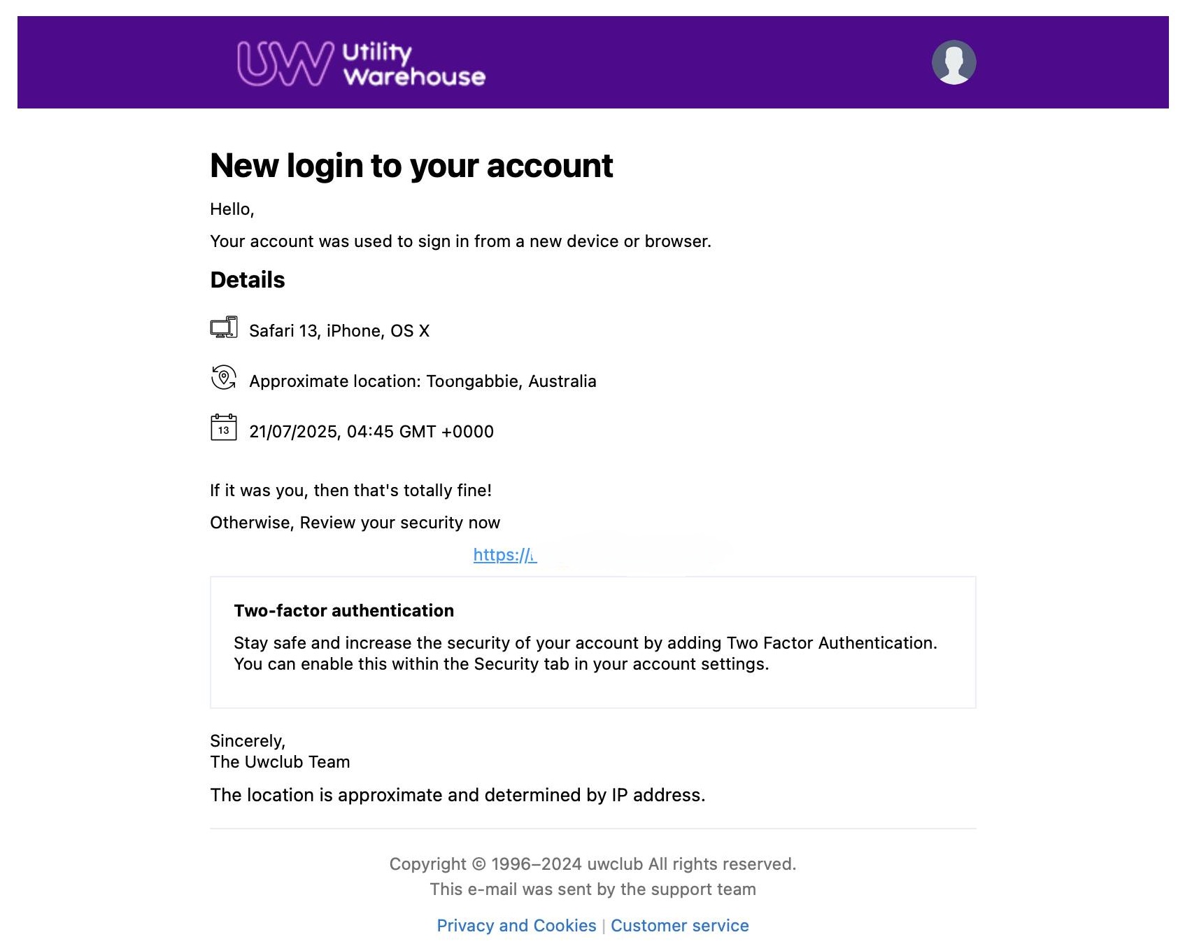 A scam email impersonating Utility Warehouse