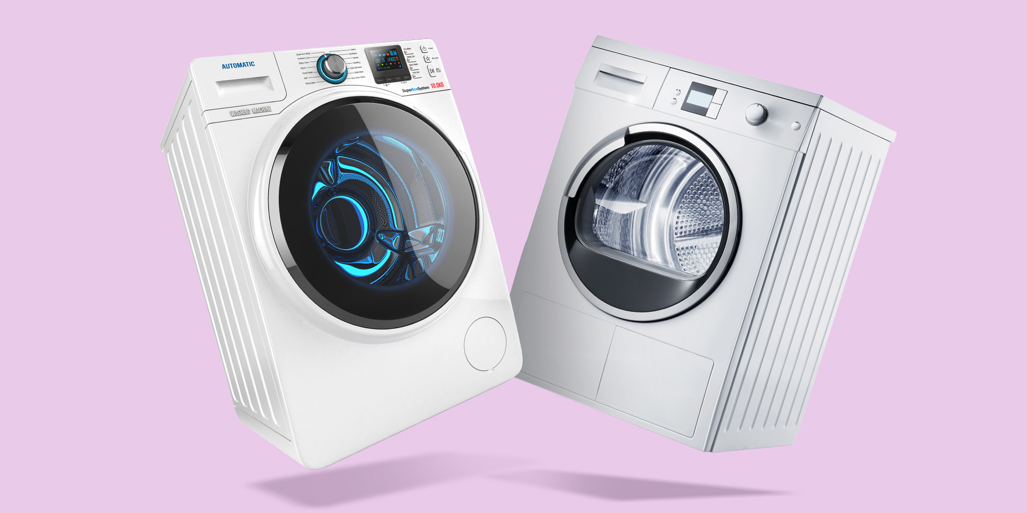 Two washing machines against a lilac background