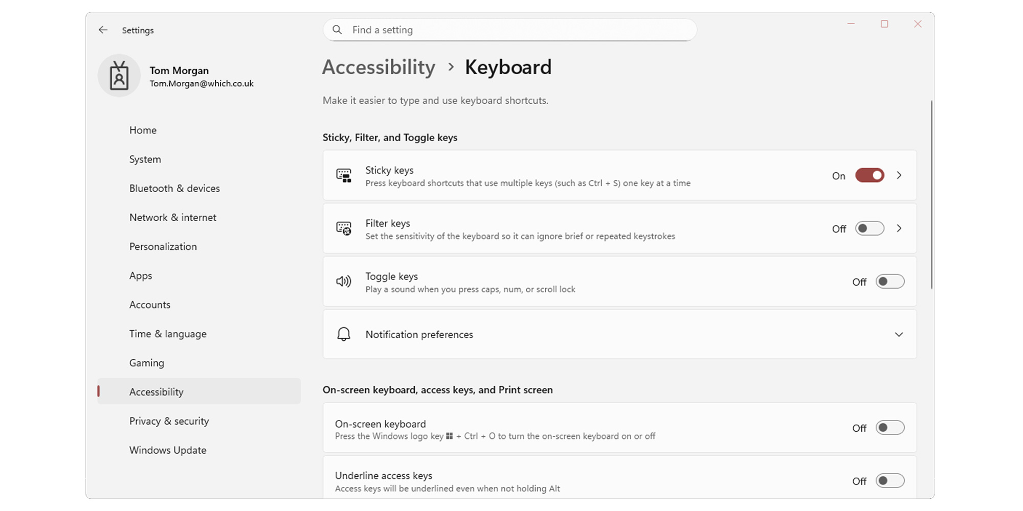 Keyboard settings on Windows 11