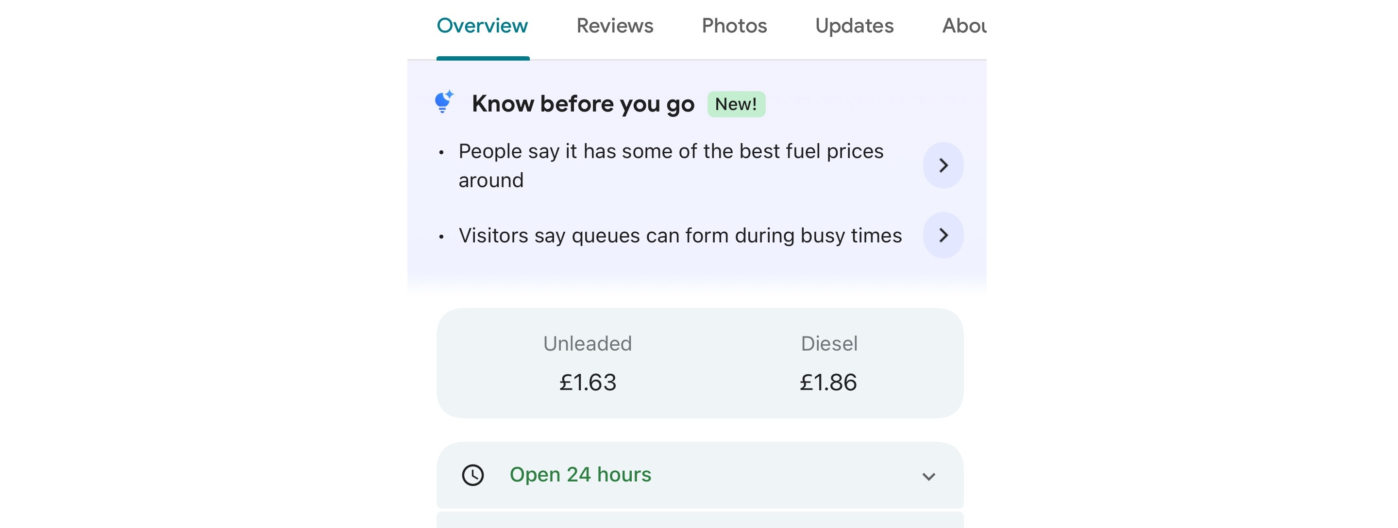 Google maps showing petrol and diesel prices