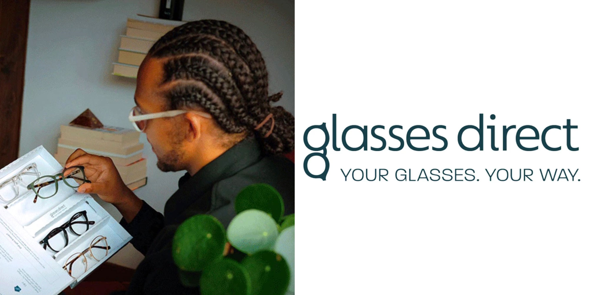 Glasses Direct logo and someone looking at glasses