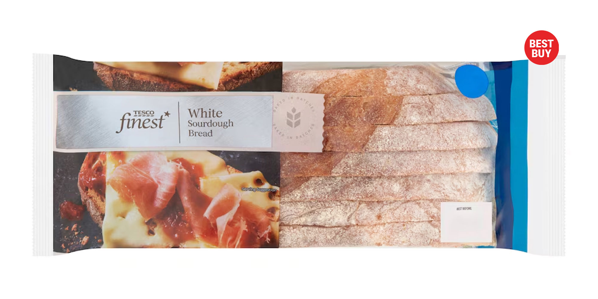 Tesco white sourdough bread with Best Buy logo
