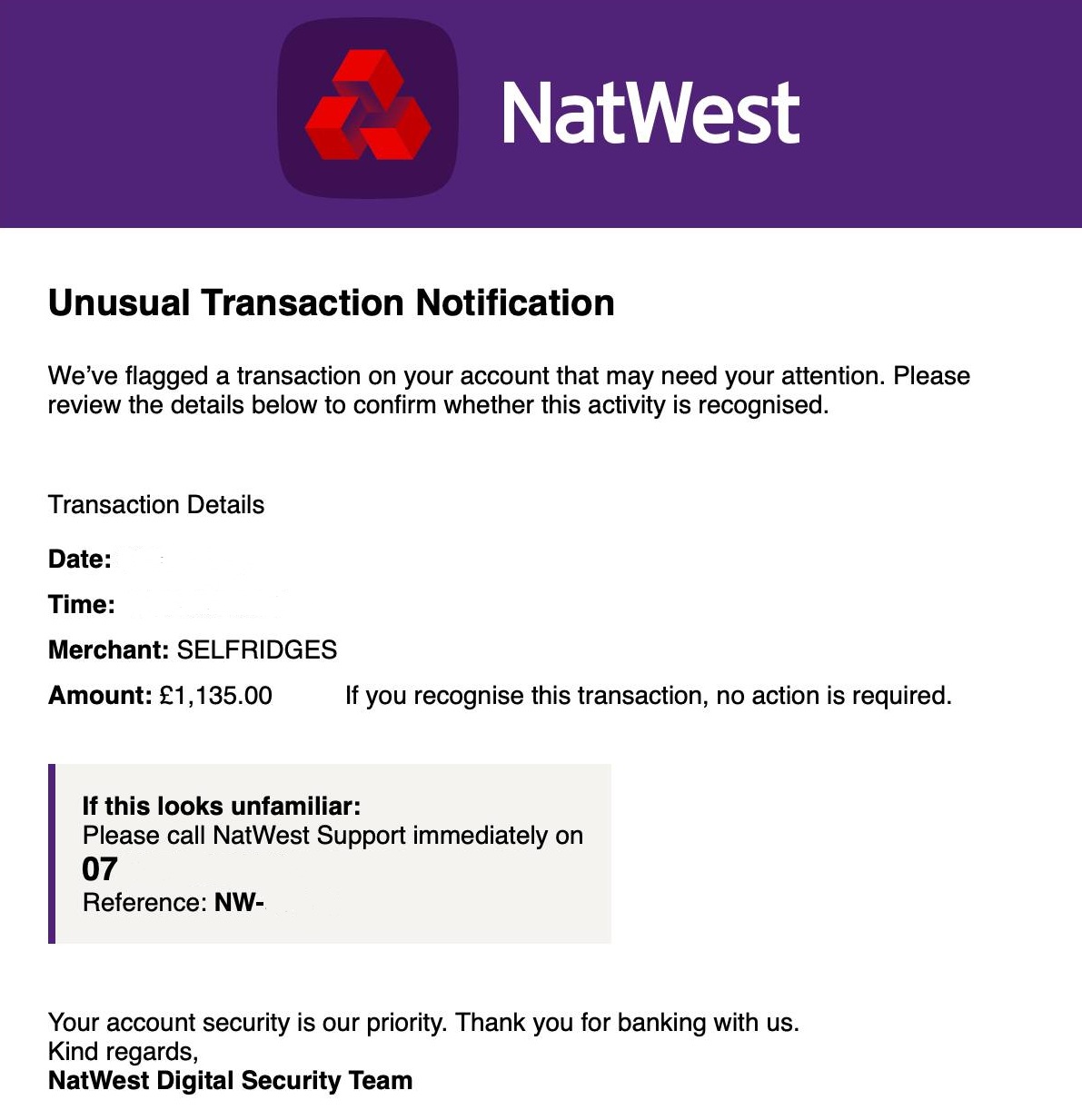 A scam email impersonating NatWest