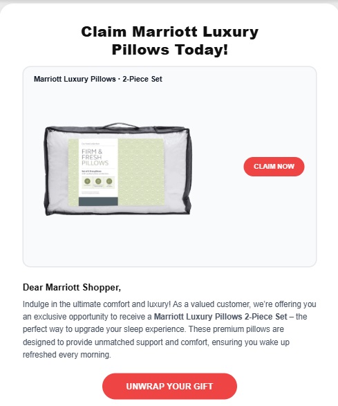 A scam email which claims to offer 'Marriott luxury pillows'