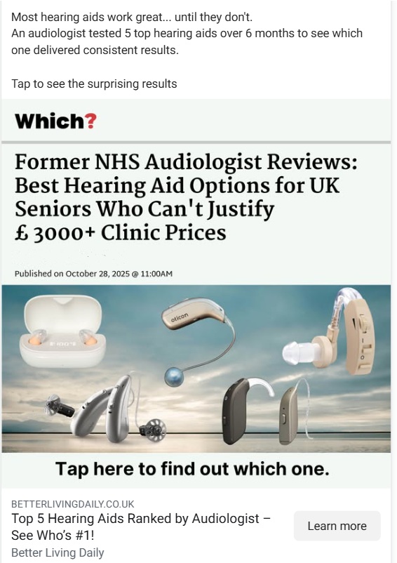 An advert promoting hearing aids falsely using Which?'s logo