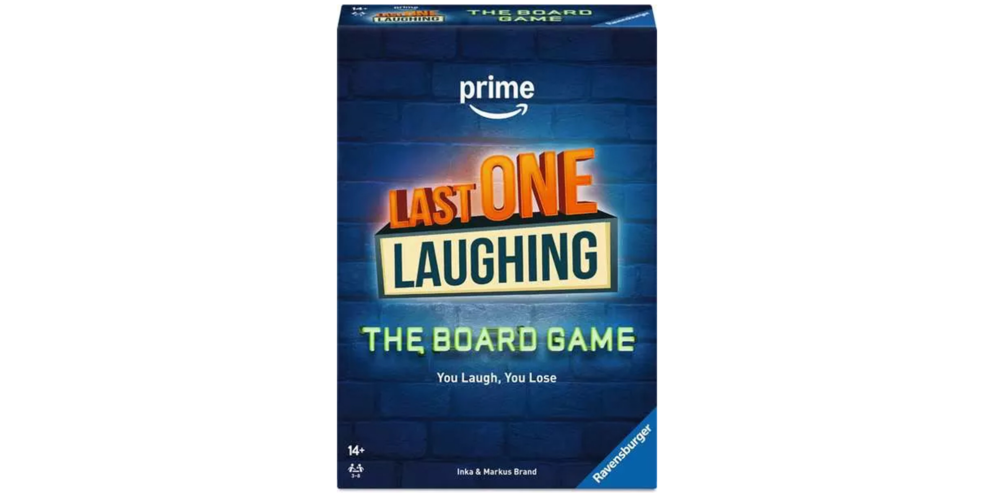 Blue box of Last One Laughing board game with neon yellow and orange text.