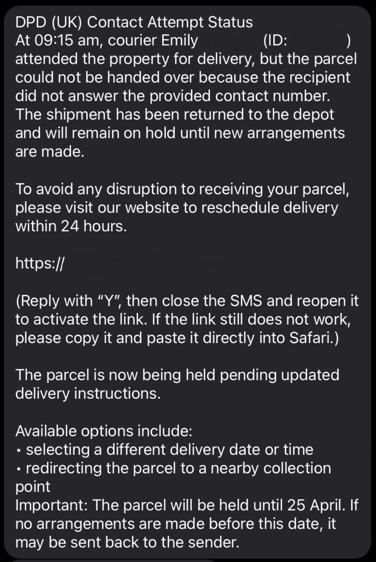A scam text impersonating DPD