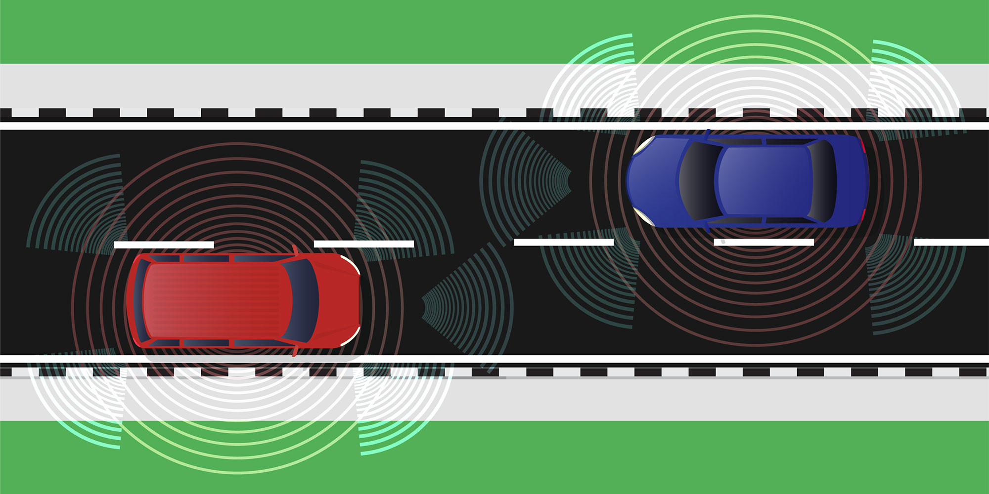 A graphic showing lane assistance technology being used