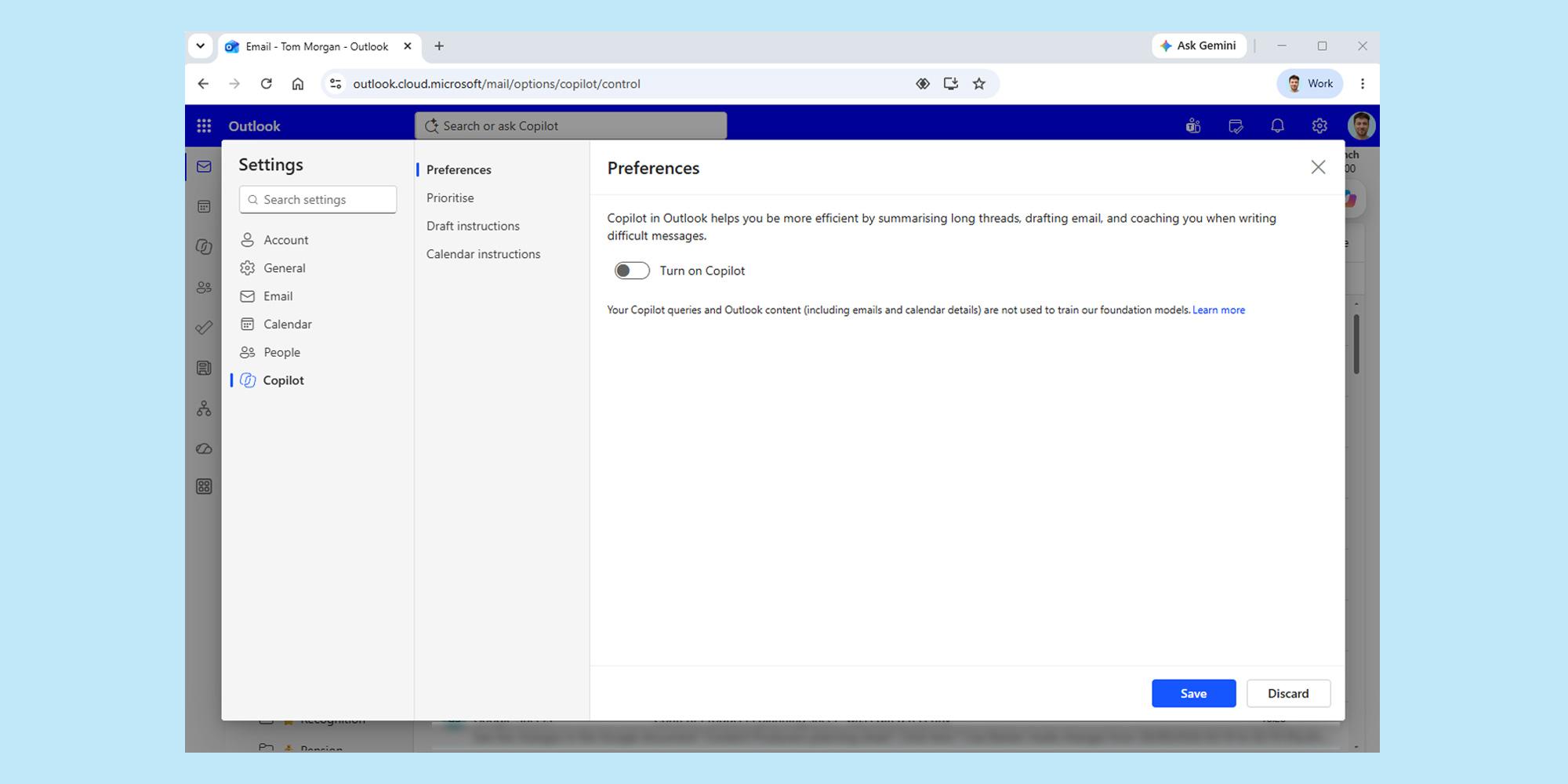 Turn off Copilot in Outlook