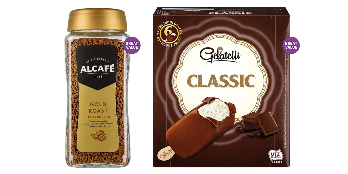 Aldi Alcafé Gold Roast Freeze Dried Coffee and Lidl Gelatelli Classic Ice Cream Sticks