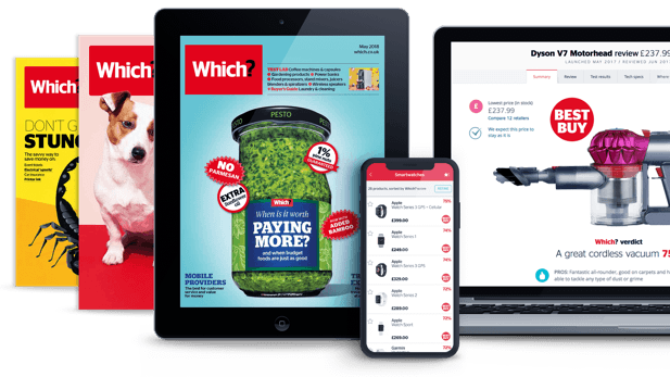 Various devices showing Which content - maagzines, app, online