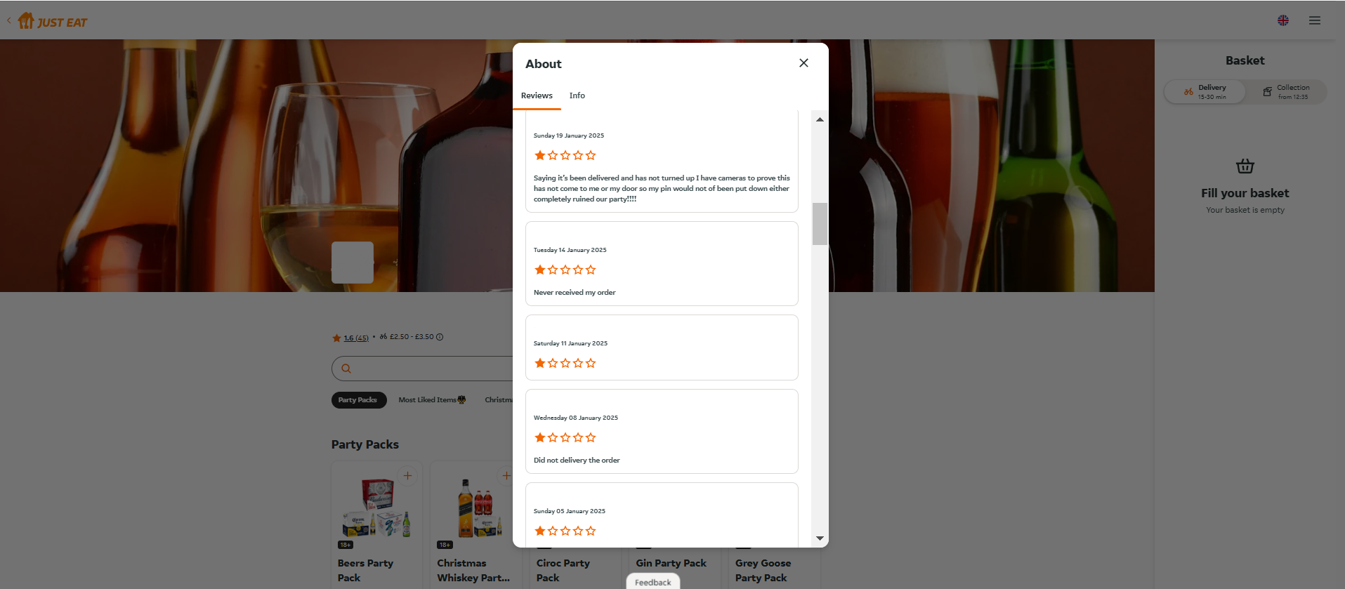 Reviews of a dodgy listing on Just Eat
