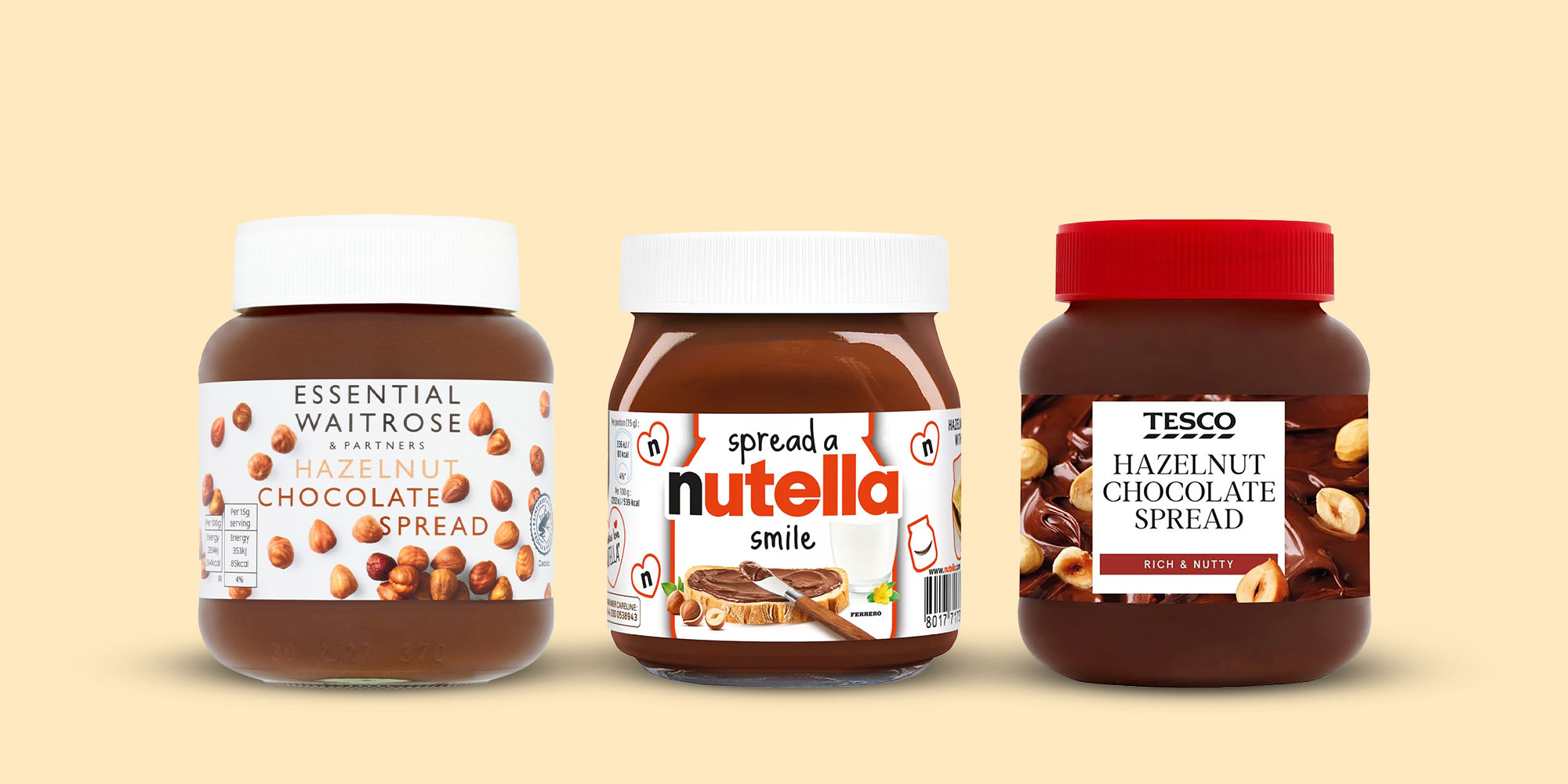 Three chocolate hazelnut spreads: Waitrose, Nutella, Tesco