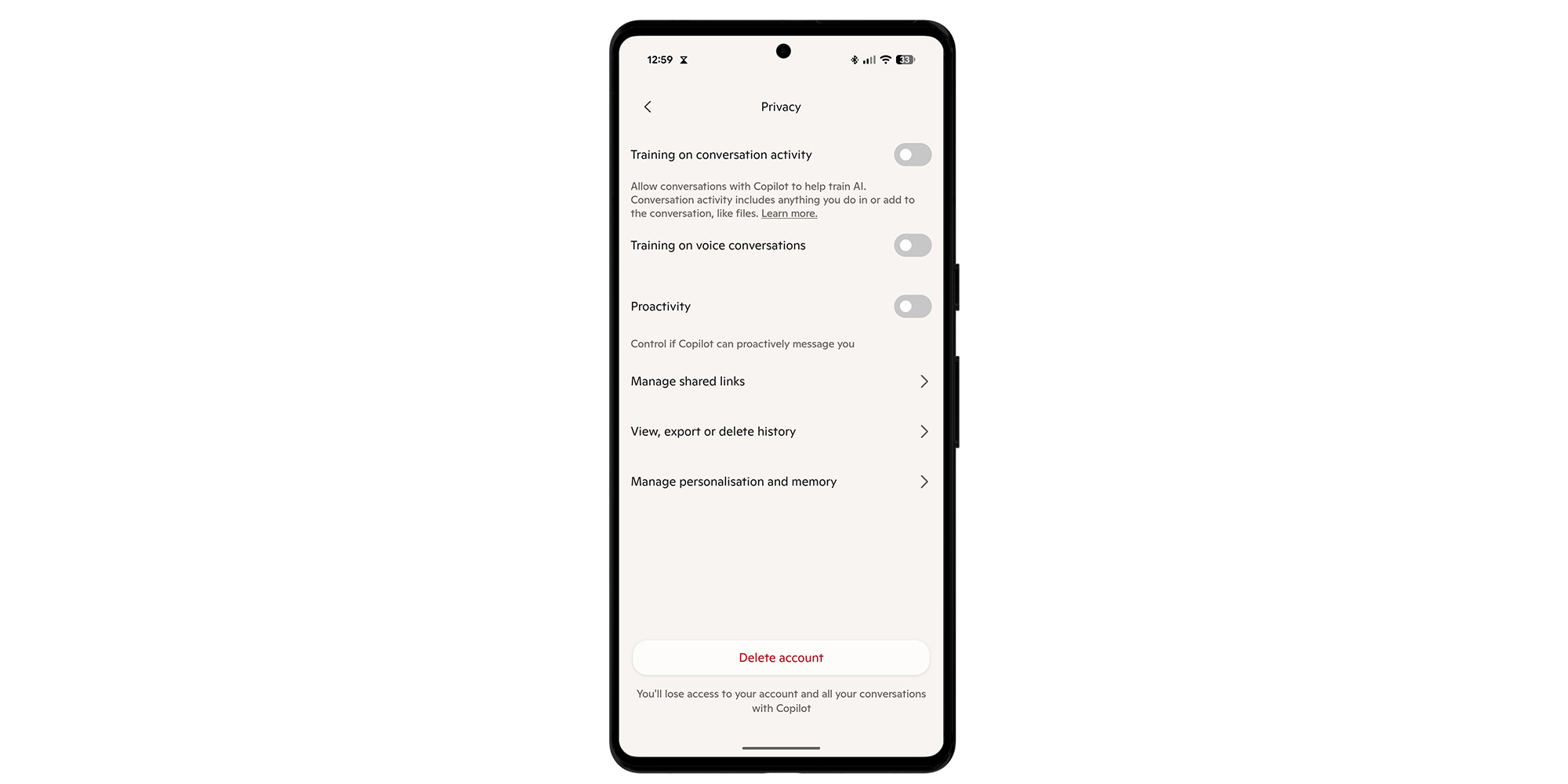 Copilot mobile settings