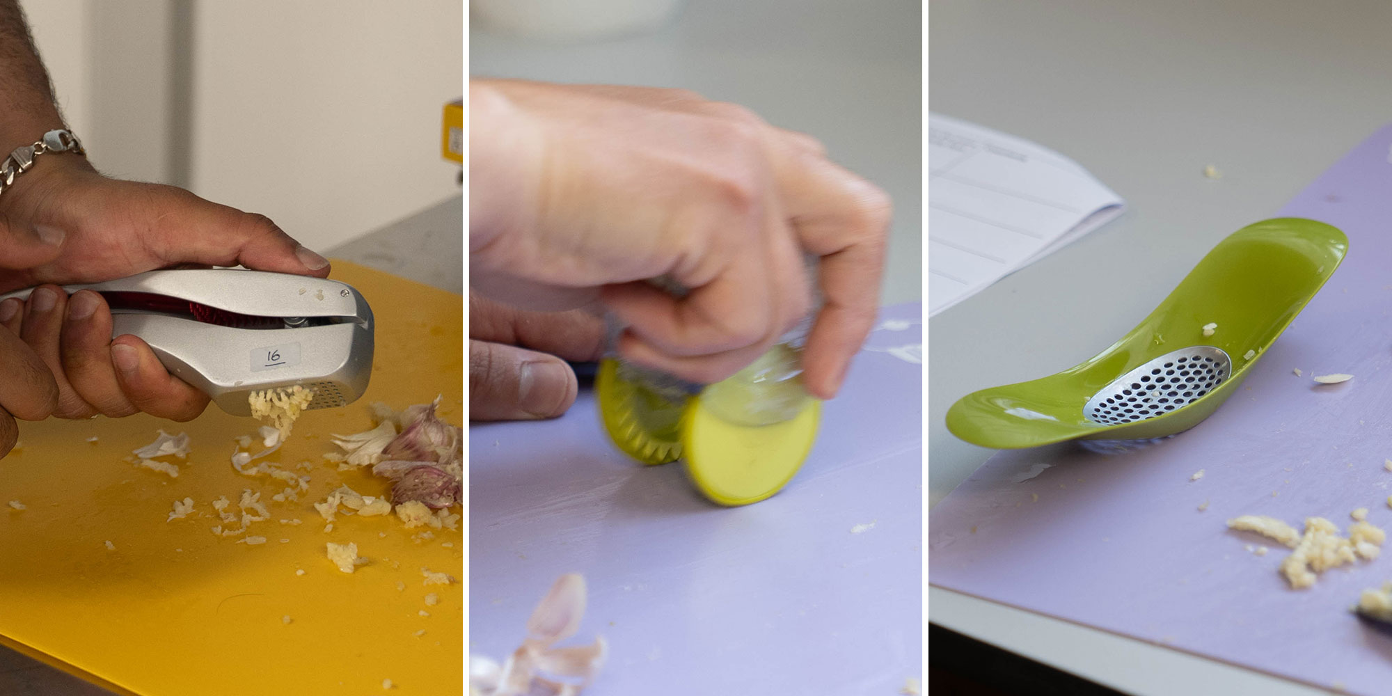 Collage of three images showing a person using a garlic press, chopper and rocker to crush garlic cloves.