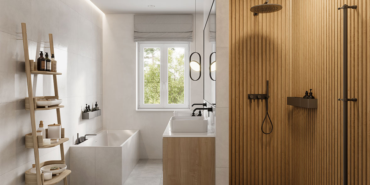 bathroom with bath, sink, shower, storage ladder