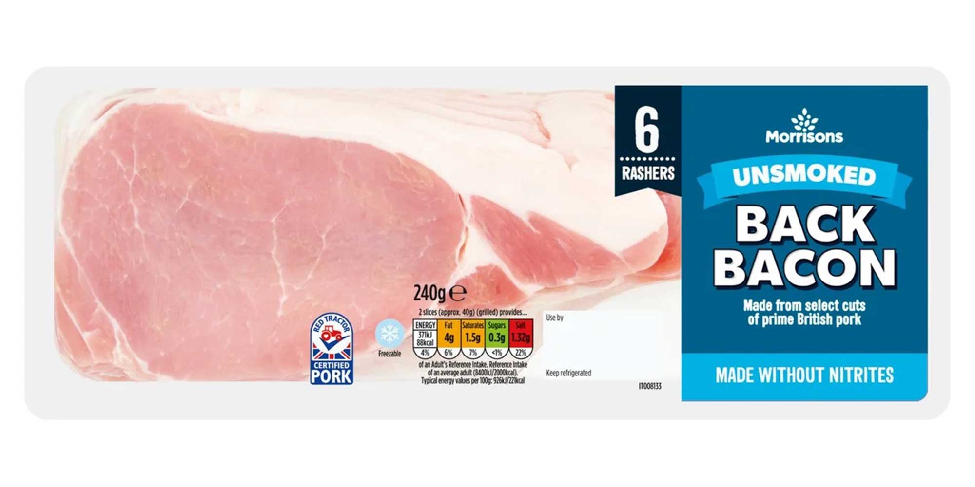 Morrisons Nitrate Free Unsmoked Back Bacon product shot.