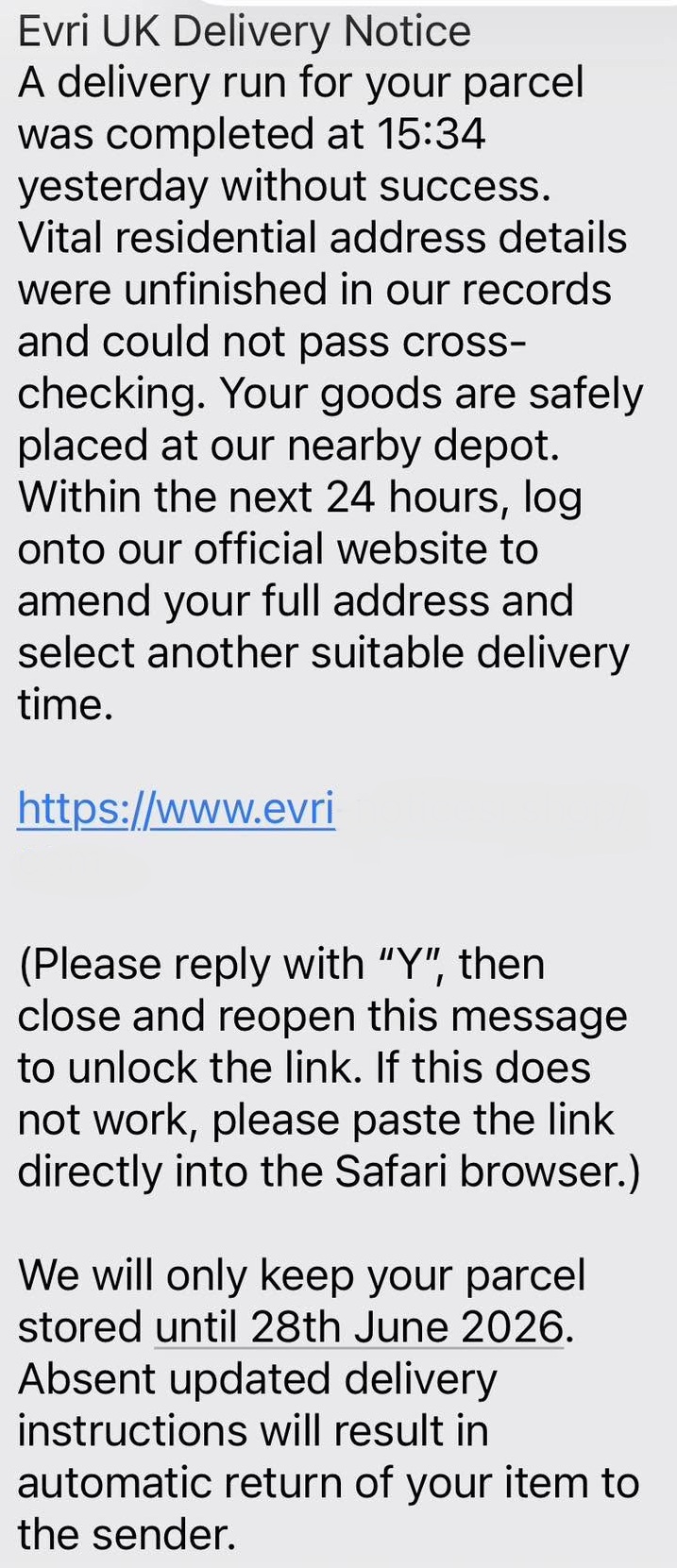 A scam text message impersonating Evri