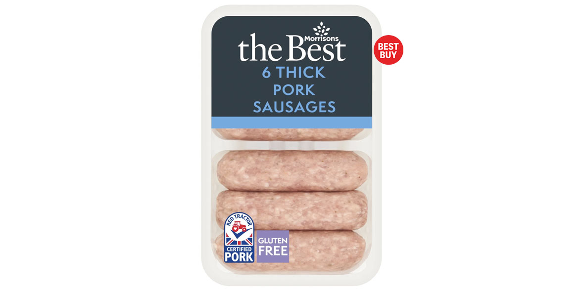 Six pack of Morrisons the best pork sausages with Best Buy logo