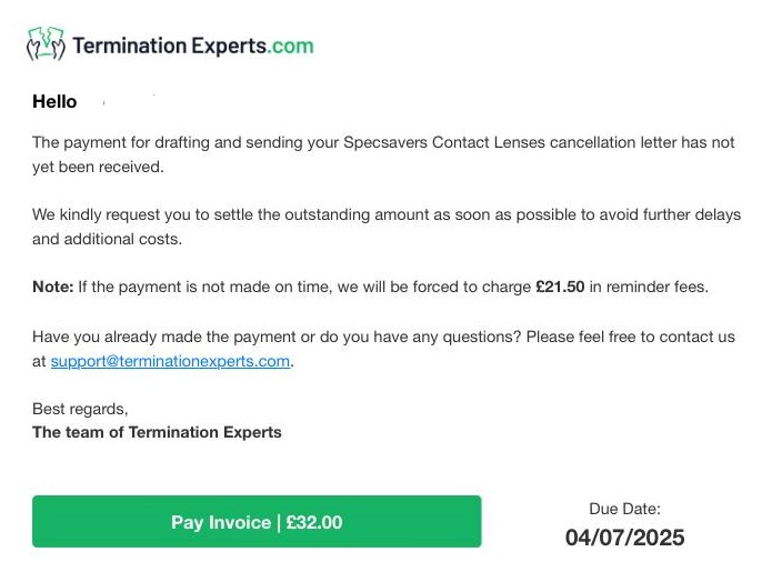 An email Ena's daughter was sent from Termination Experts