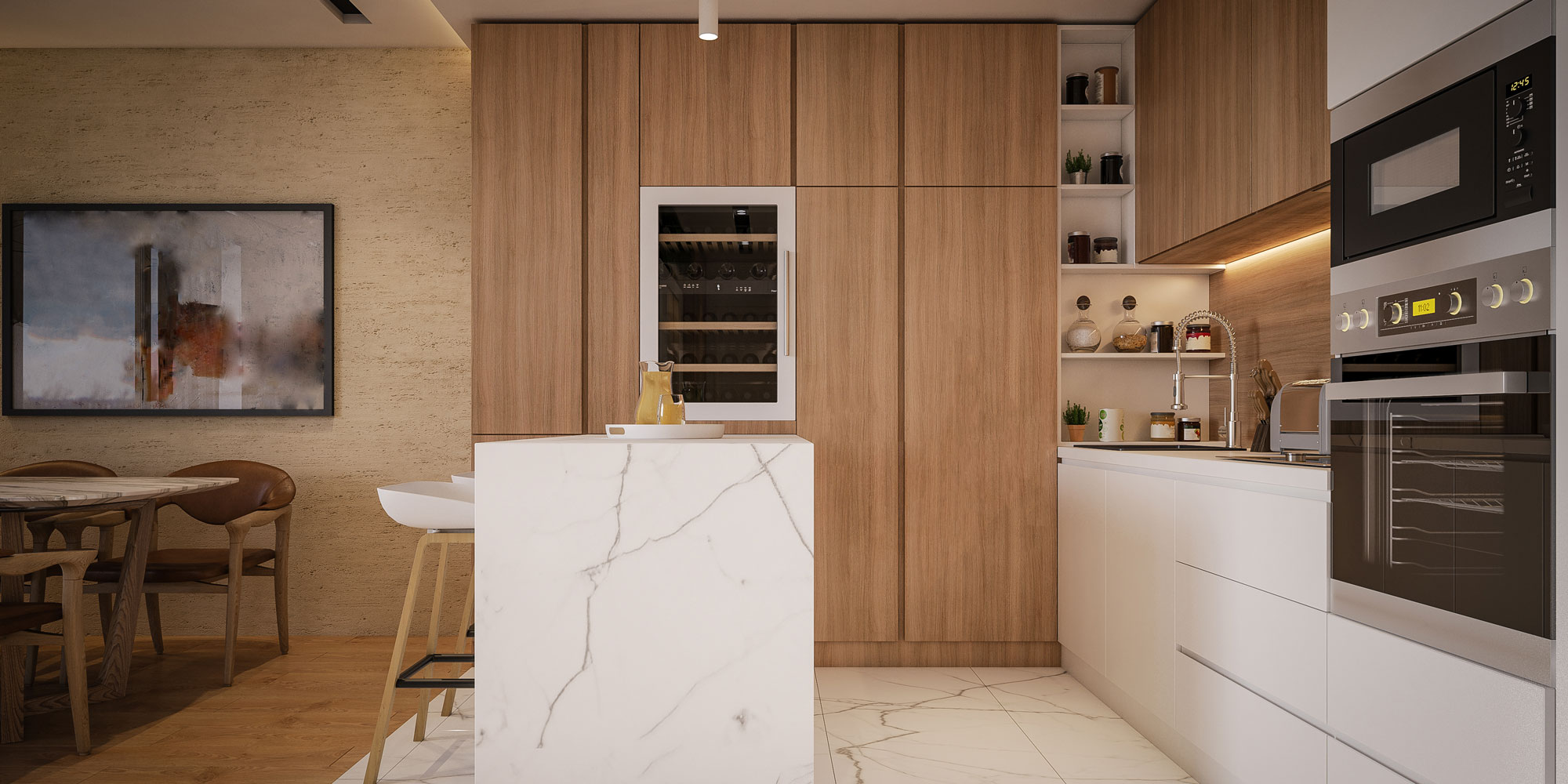 Kitchen with warm wooden cabinets and a marble island and countertops