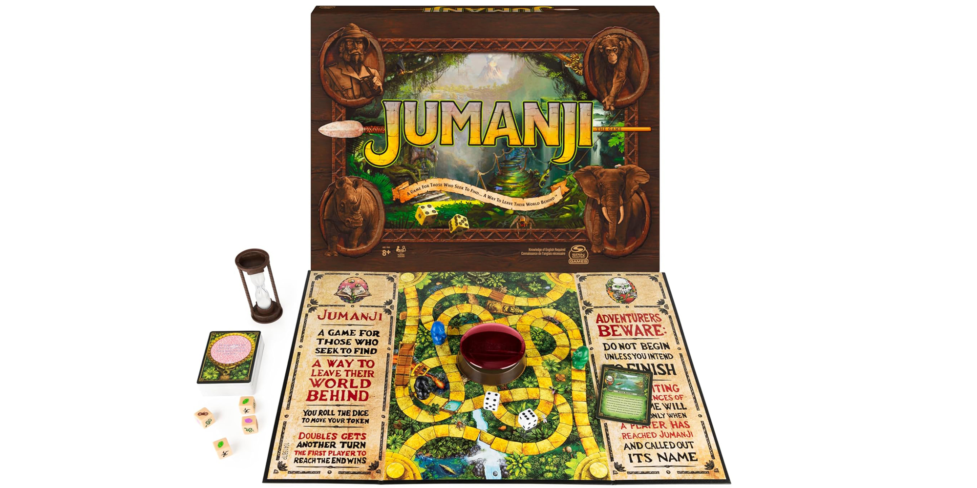 Jumanji board game with jungle theme, dice, tokens, and hourglass timer laid out on a table.