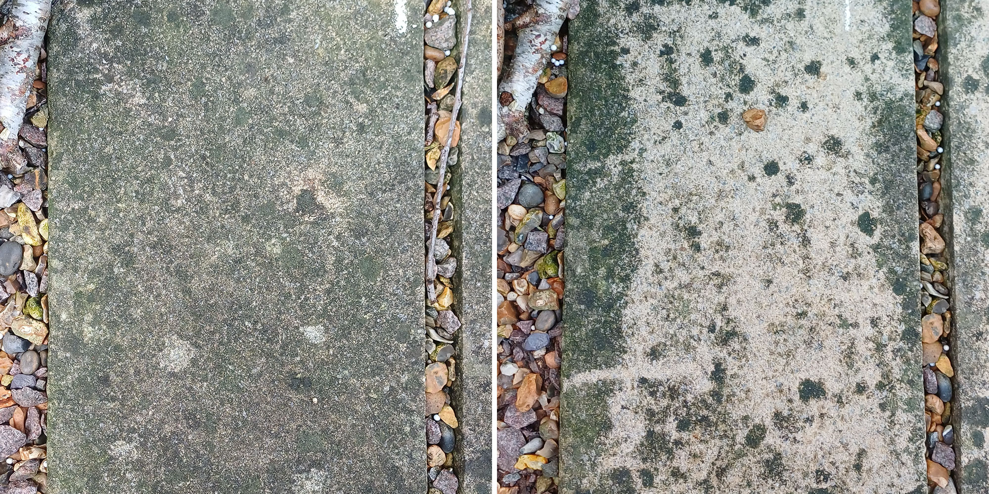 Before (left) and after (right) using a poor-performing patio cleaner on our test patio