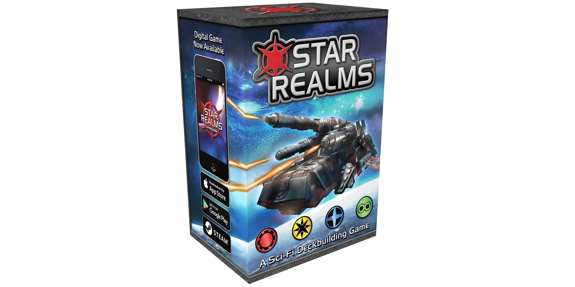 Box for Star Realms Sci-Fi Deckbuilding Game with spaceship and app icons.