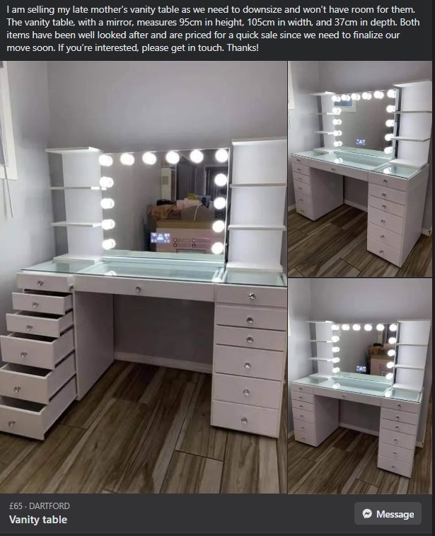 A sales post on Facebook posted by a seller claiming to sell their late mother's vanity table.