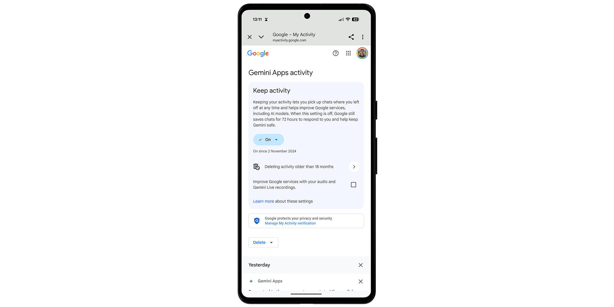 Gemini Apps activity screen