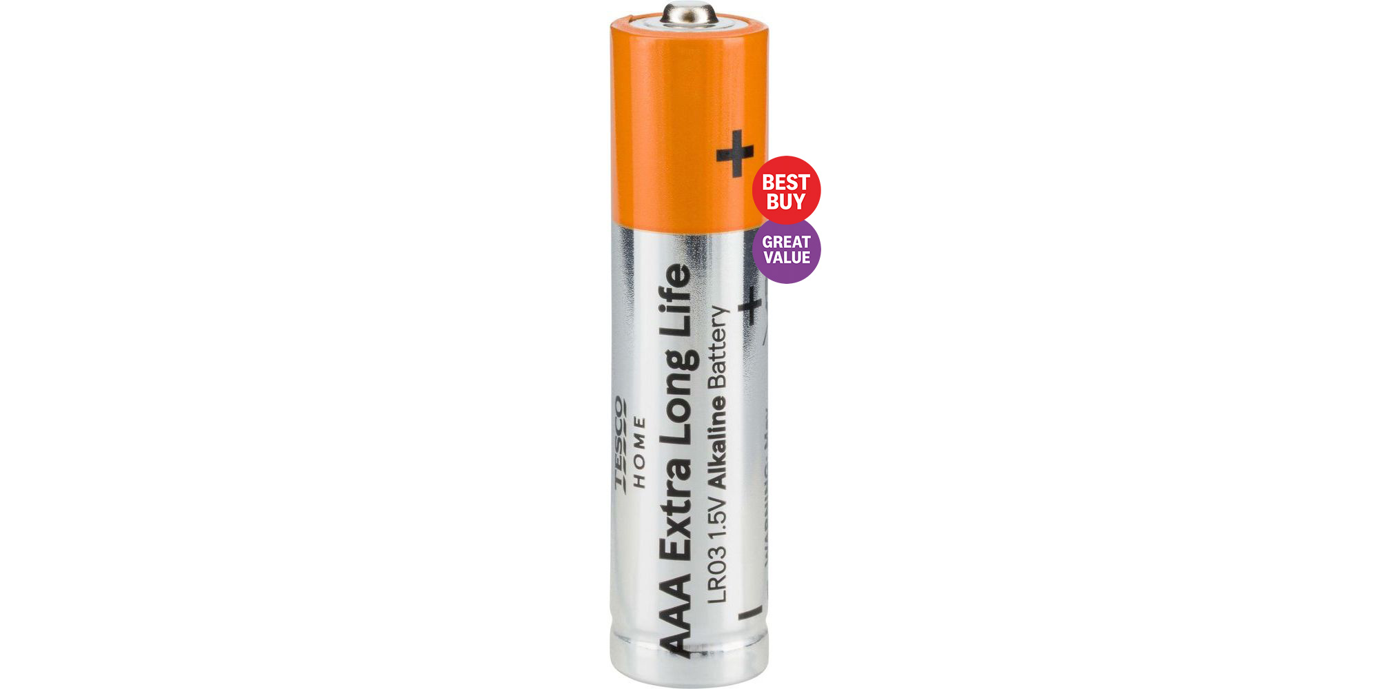 Tesco Extra Long Life AAA battery with Best Buy and Great Value badge (2026)