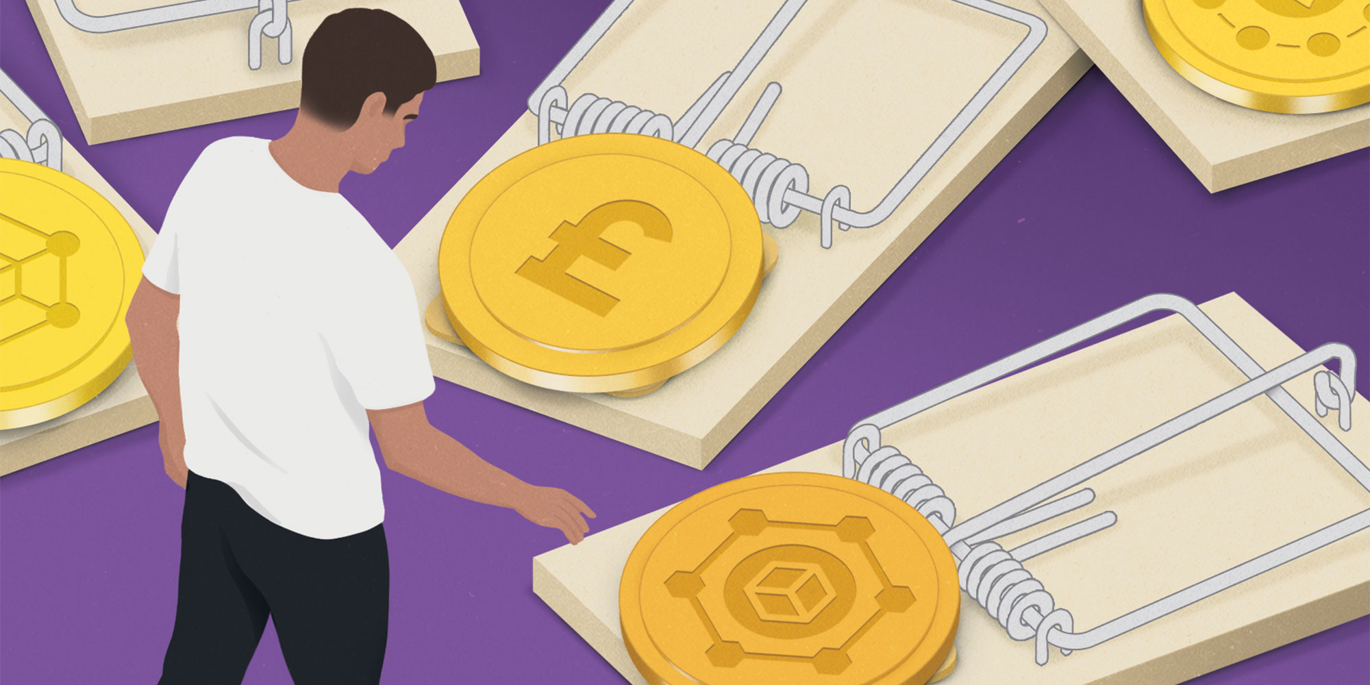 A man is surrounded by five mousetraps with money coins on them