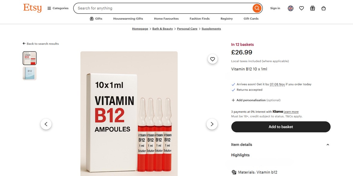 Vitamin B12 injectable listing on Etsy