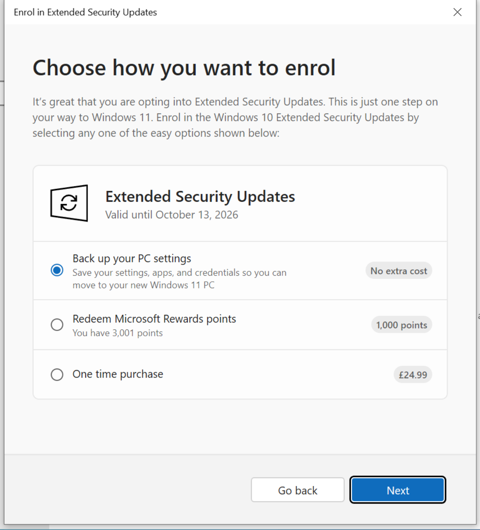Choose how to get your Windows 10 licence extended: Back up your settings, Redeem Reward points, or pay 