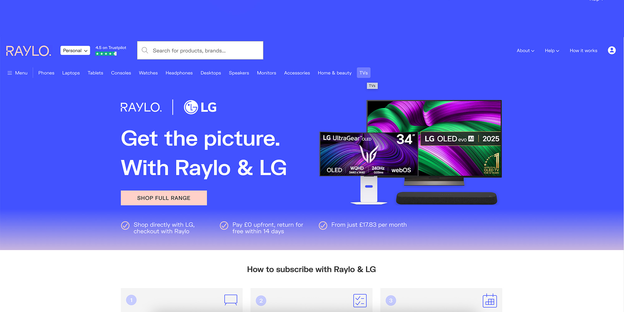 Raylo website showing LG TVs