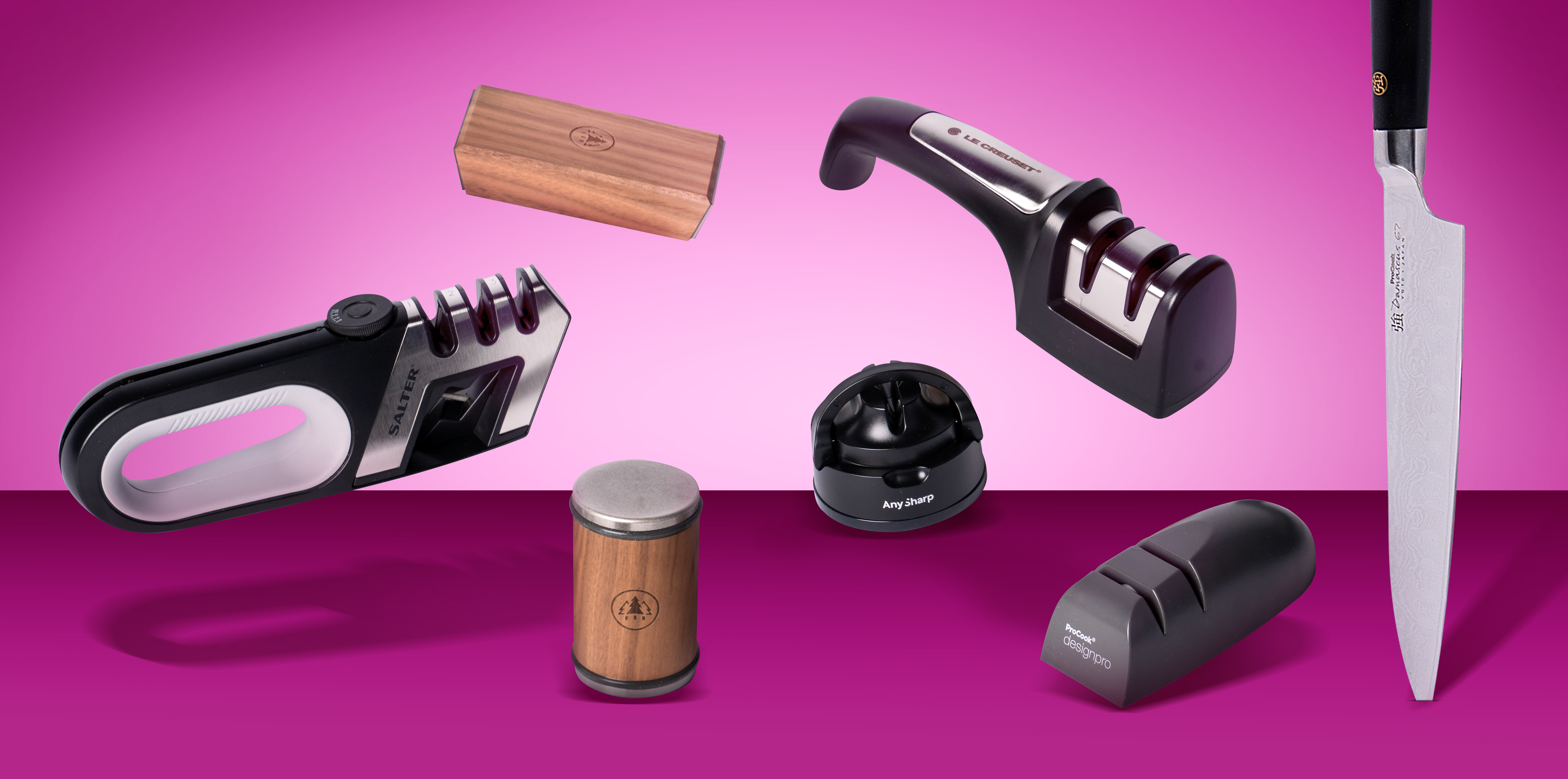 Line up image showing different knife sharpeners and a knife